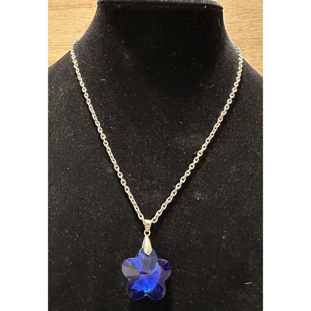 Silver Tone Cobalt Blue Star Flower Statement Pendant Necklace 20”L Wedding